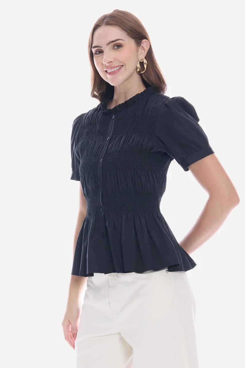 Narie|100% Cotton Smocked Fitted Peplum Top