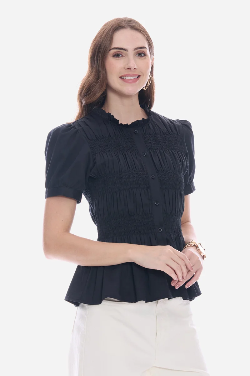Narie|100% Cotton Smocked Fitted Peplum Top