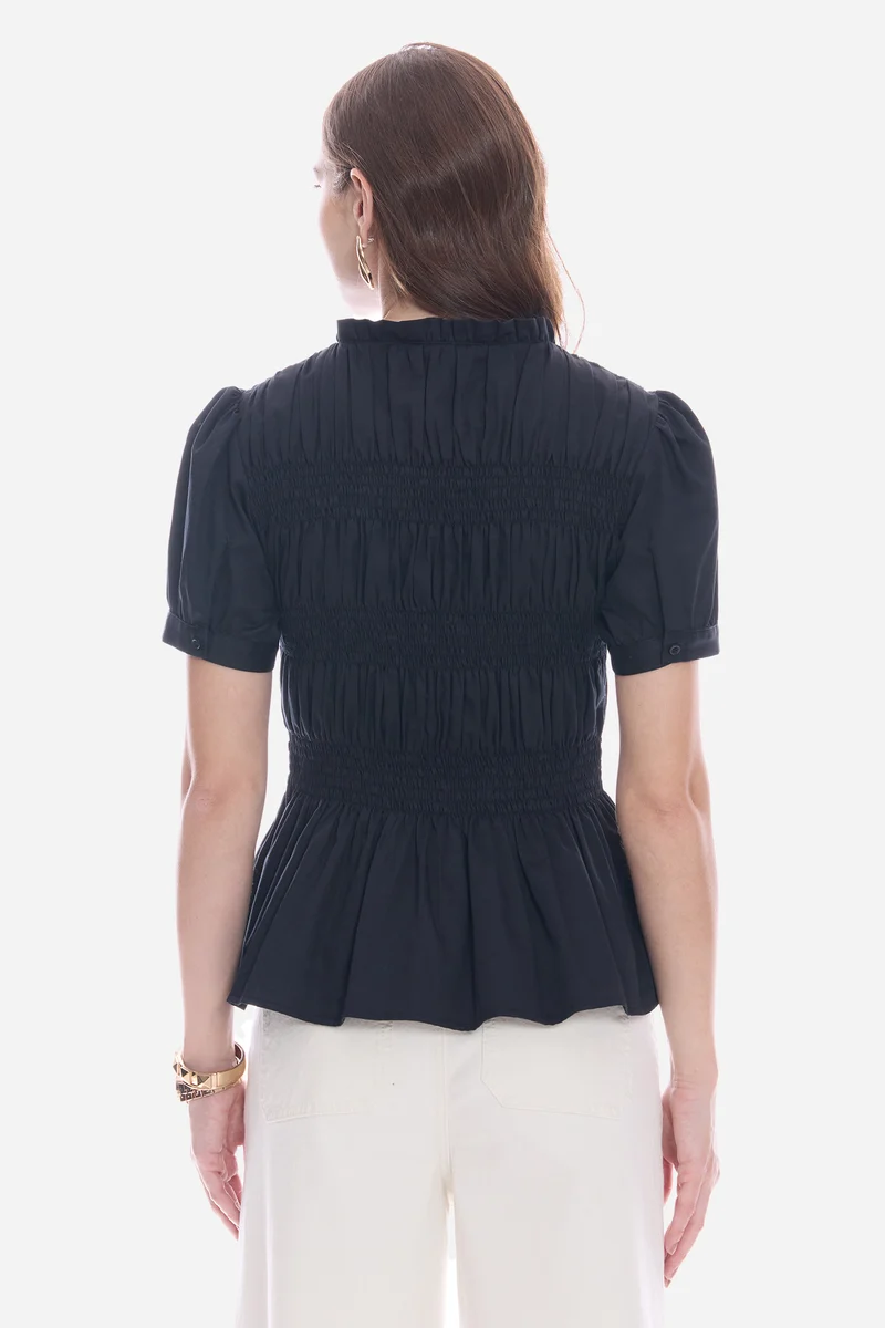 Narie|100% Cotton Smocked Fitted Peplum Top