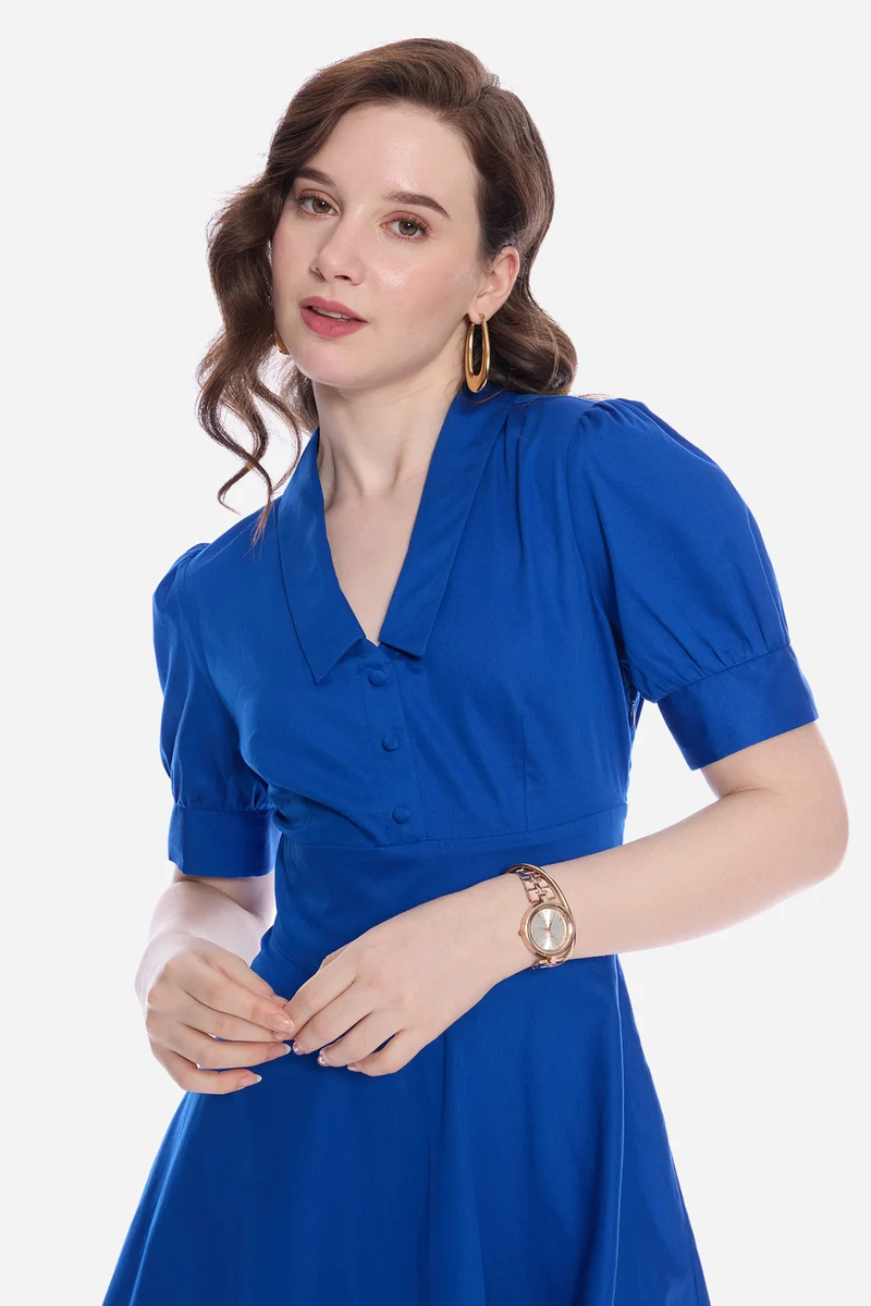 Rona|100% Cotton Collared Puff Sleeve Mini