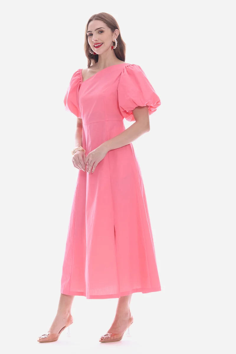 Roden|100% Cotton Asymmetric Neck Maxi Dress