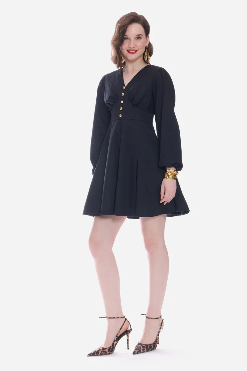 Romah|100% Cotton Godet Mini Dress With Puff