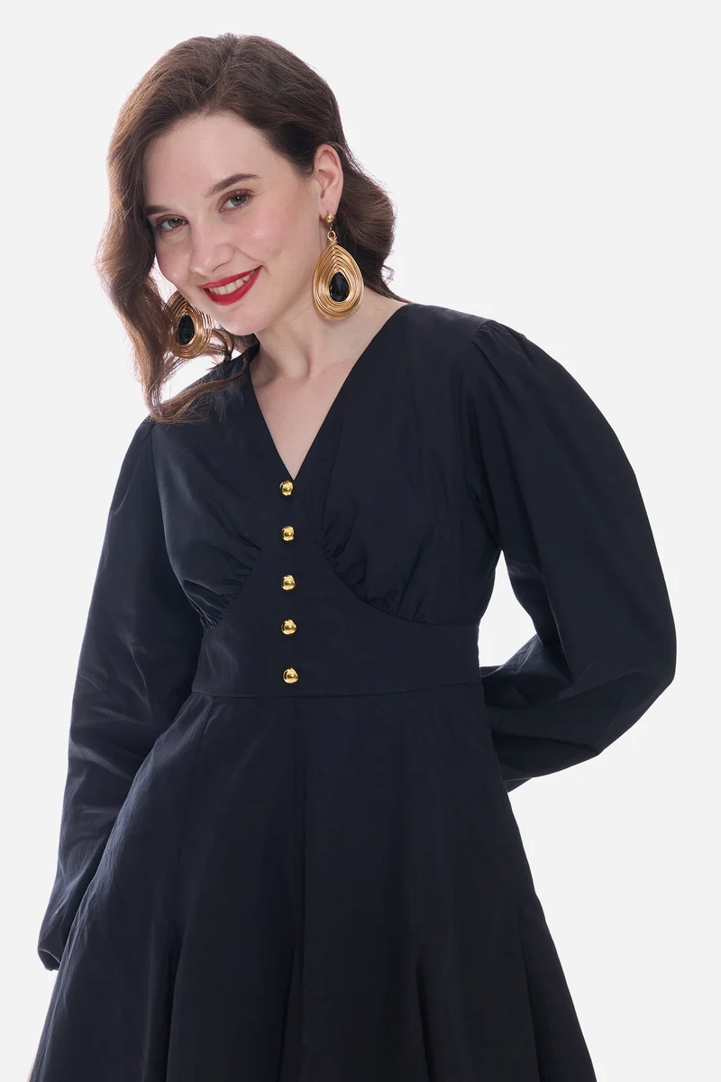 Romah|100% Cotton Godet Mini Dress With Puff