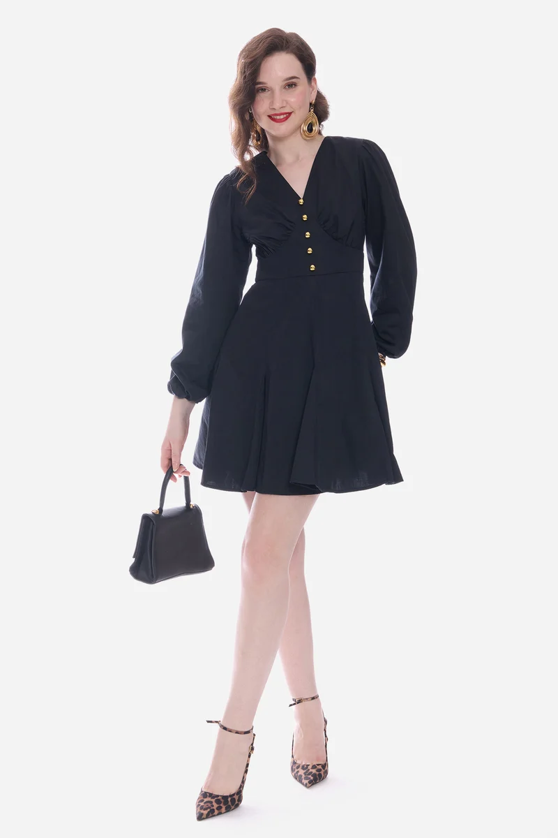 Romah|100% Cotton Godet Mini Dress With Puff