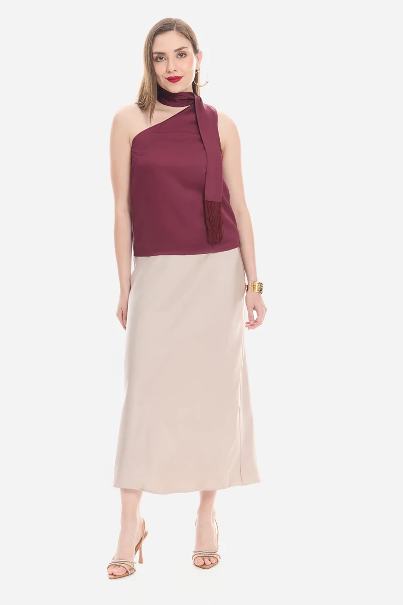 Yovira|100% Viscose One Shoulder Neck Sash Top