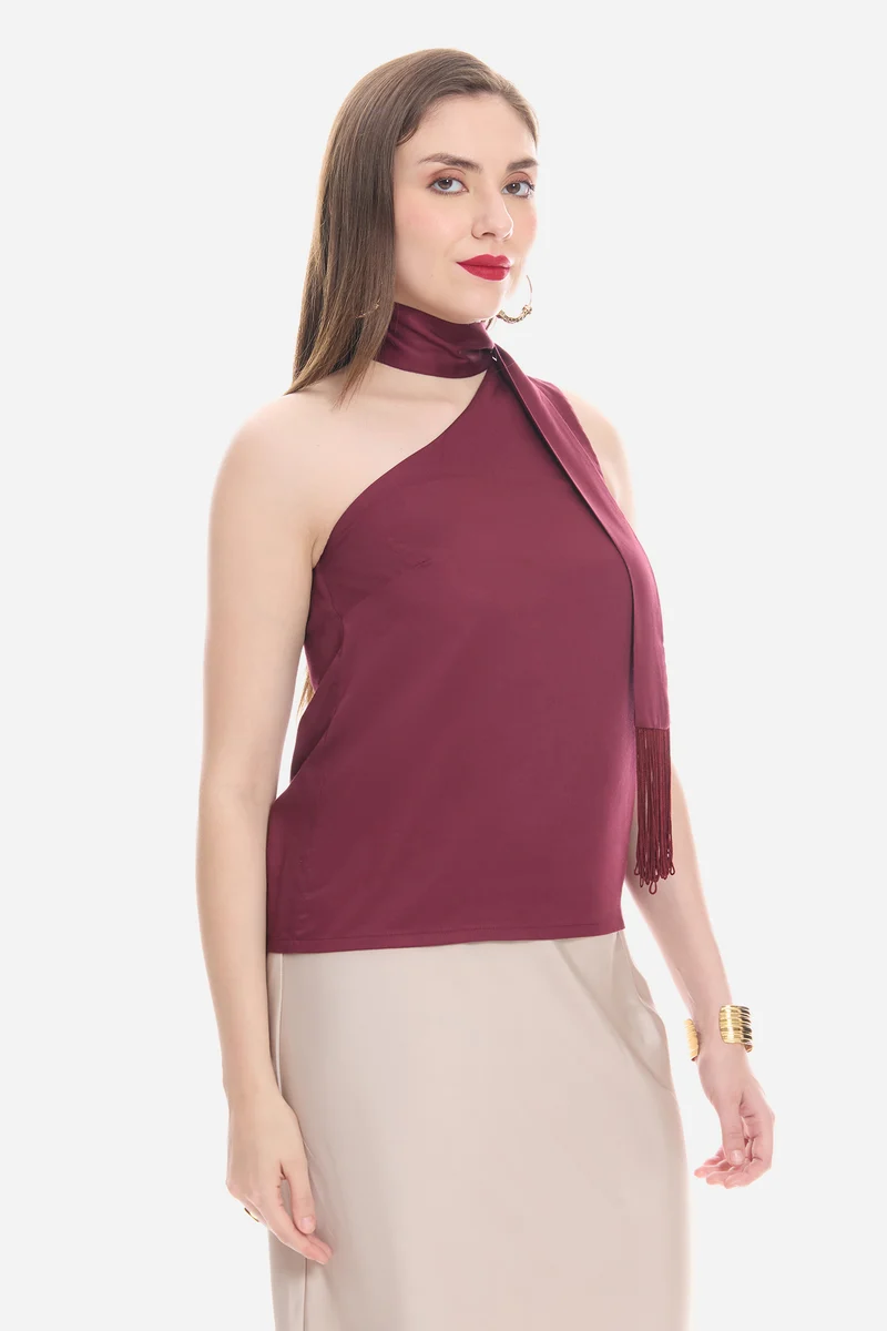 Yovira|100% Viscose One Shoulder Neck Sash Top