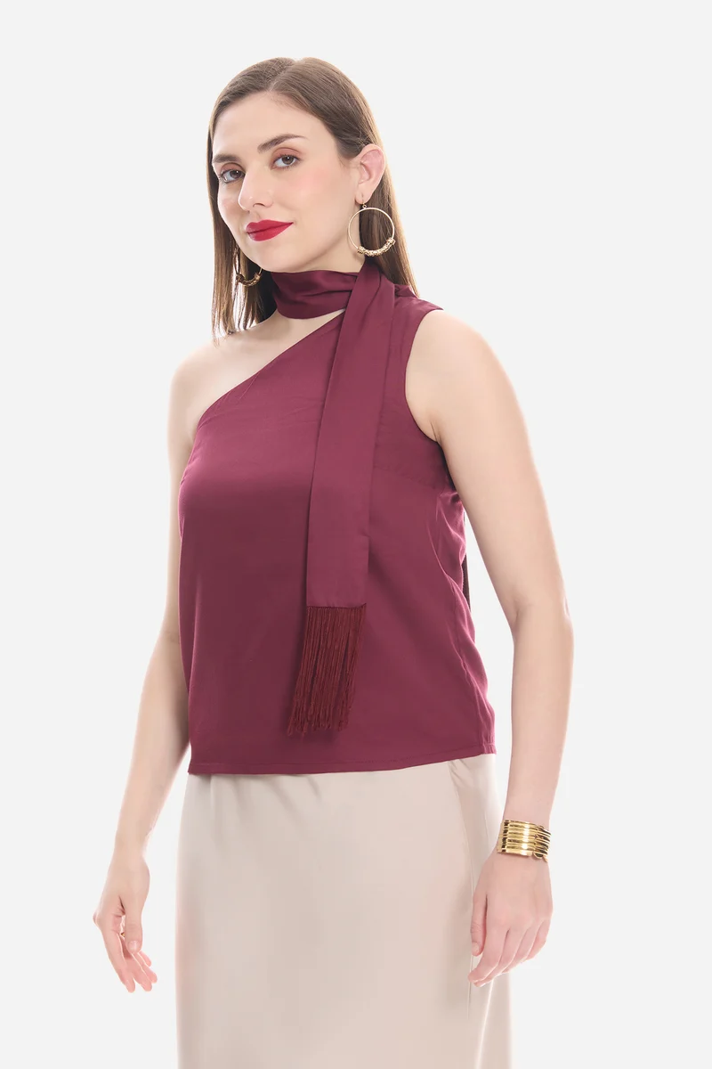 Yovira|100% Viscose One Shoulder Neck Sash Top