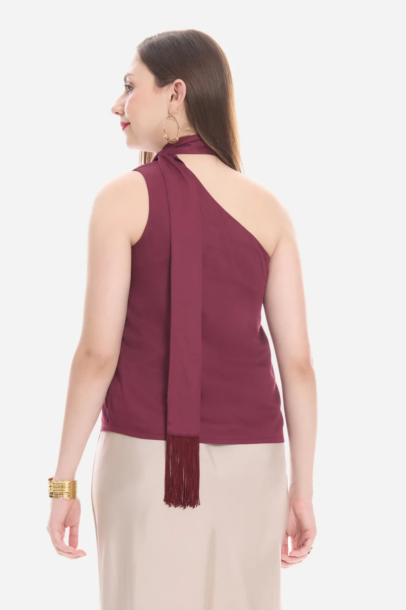 Yovira|100% Viscose One Shoulder Neck Sash Top