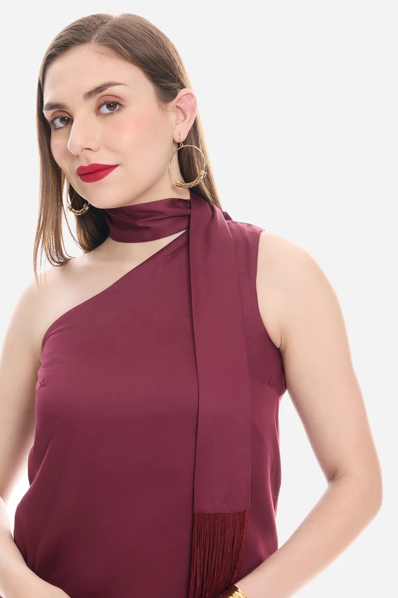 Yovira|100% Viscose One Shoulder Neck Sash Top