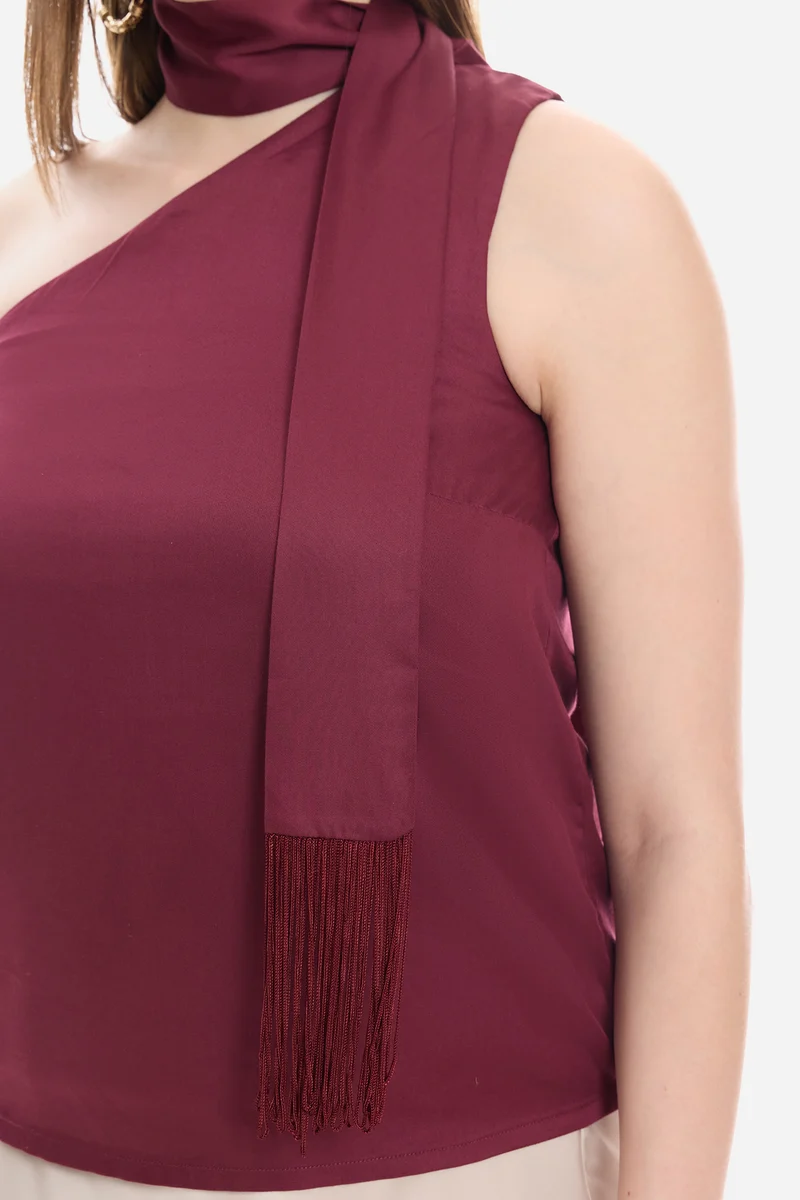 Yovira|100% Viscose One Shoulder Neck Sash Top