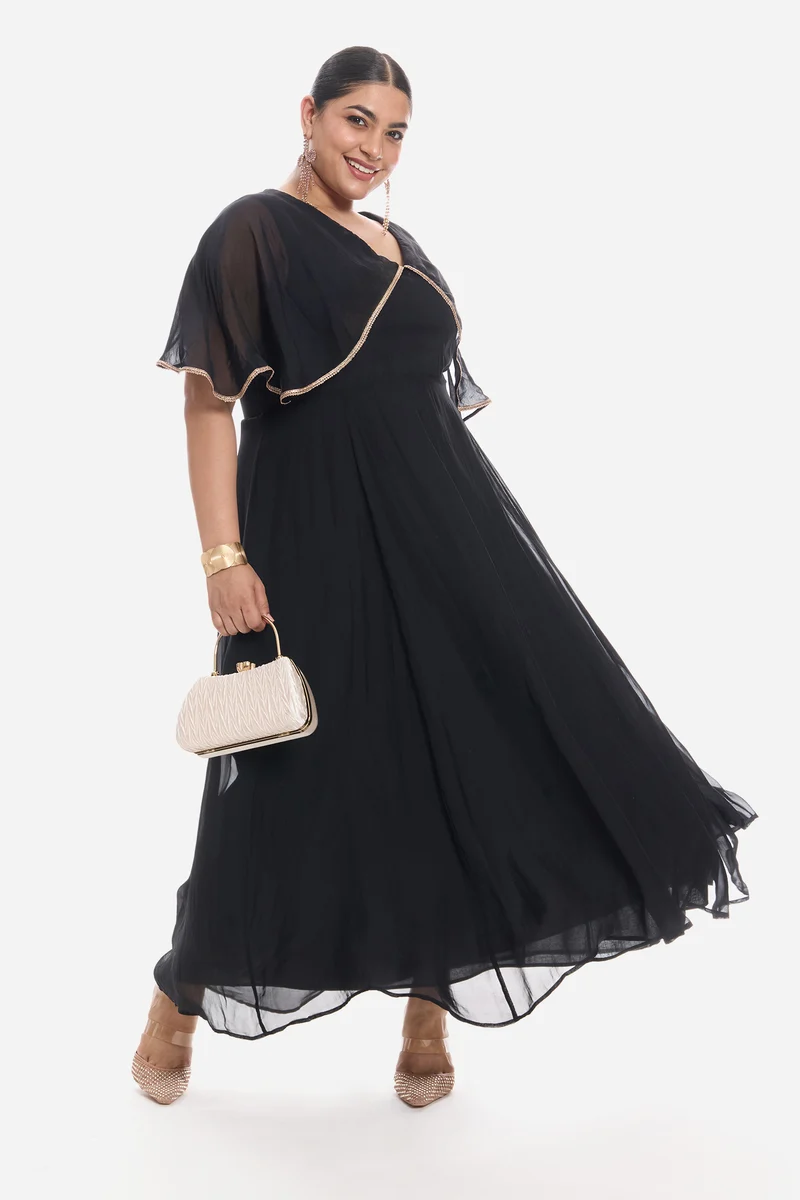 Vioa|Viscose V Neck Laced Cape Dress