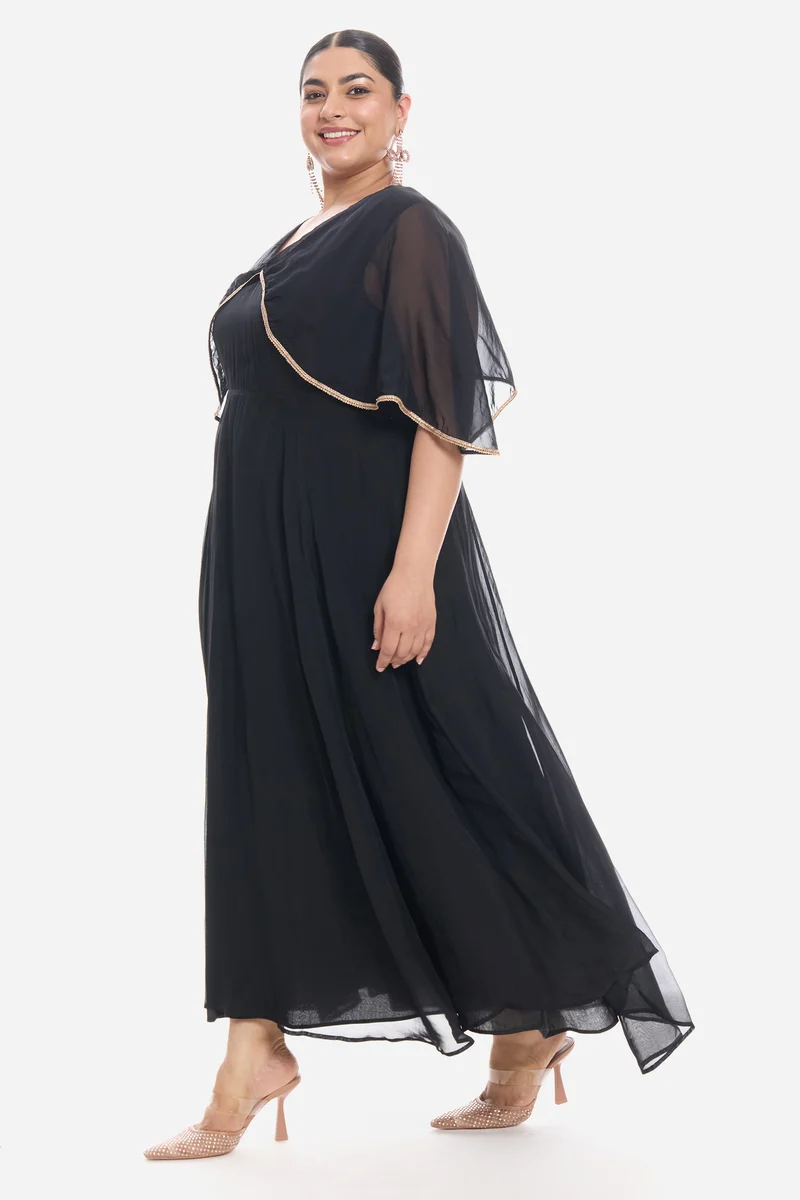Vioa|Viscose V Neck Laced Cape Dress