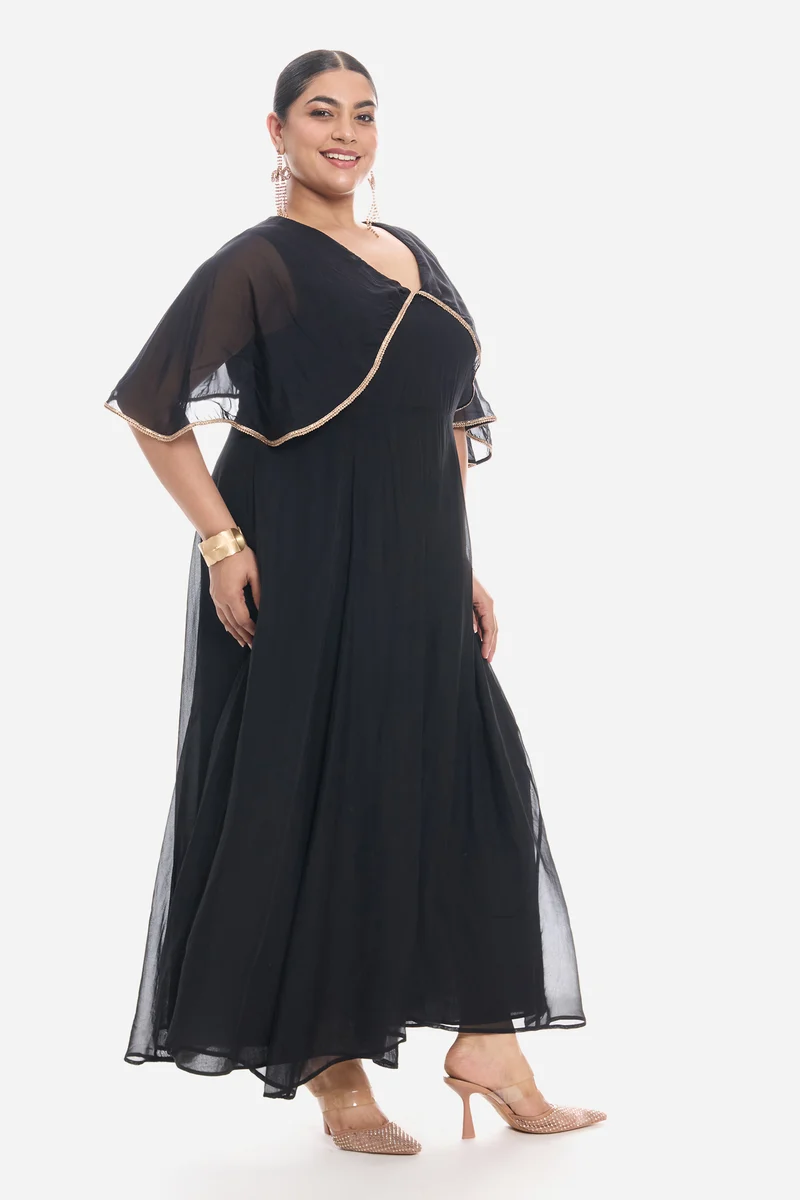 Vioa|Viscose V Neck Laced Cape Dress