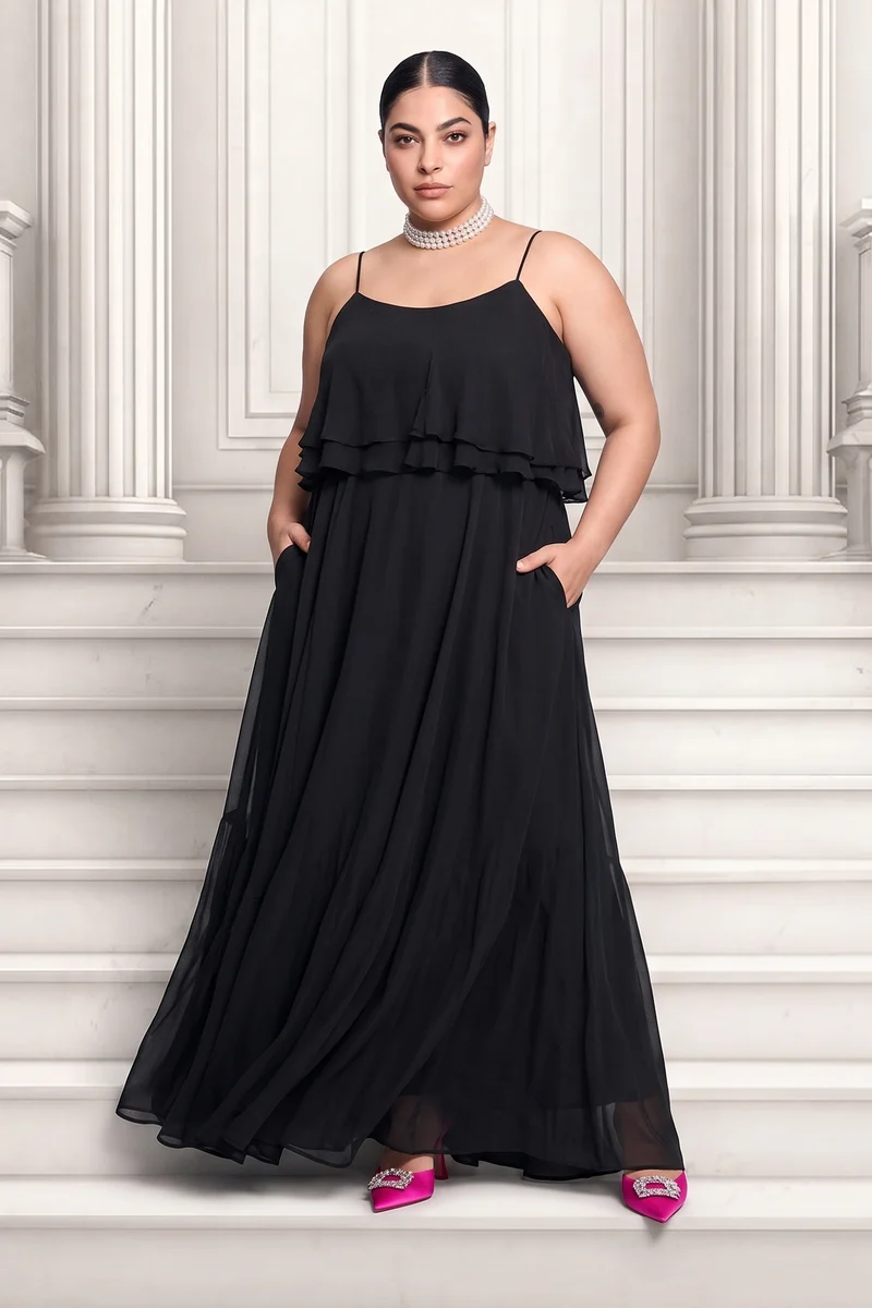 Vimis|Viscose Strappy Ruffle Flared Gown