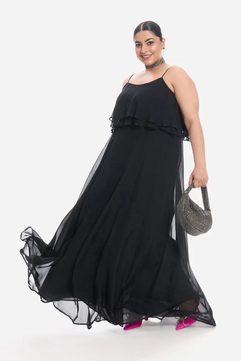 Vimis|Viscose Strappy Ruffle Flared Gown