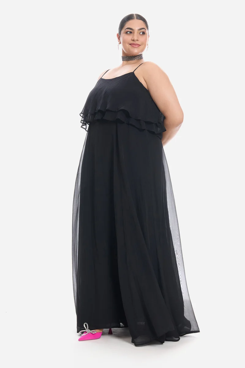 Vimis|Viscose Strappy Ruffle Flared Gown