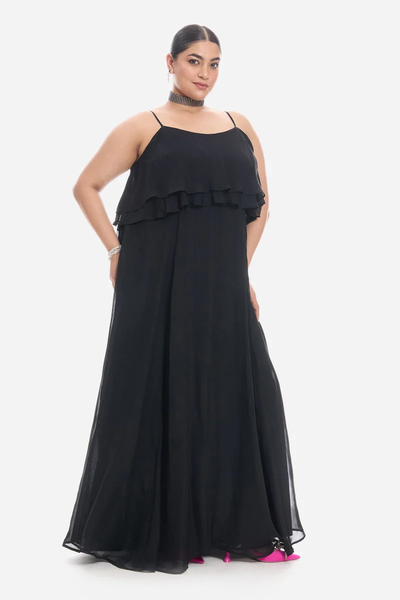 Vimis|Viscose Strappy Ruffle Flared Gown