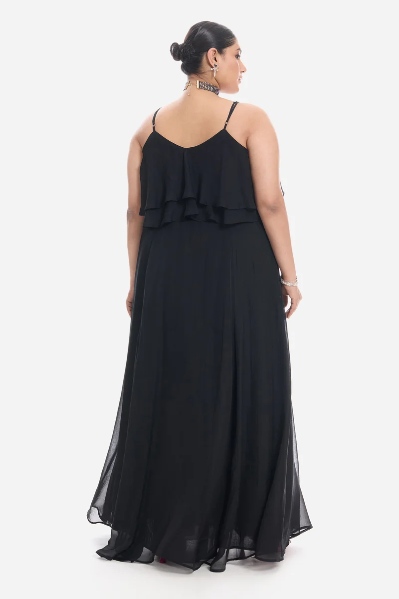 Vimis|Viscose Strappy Ruffle Flared Gown