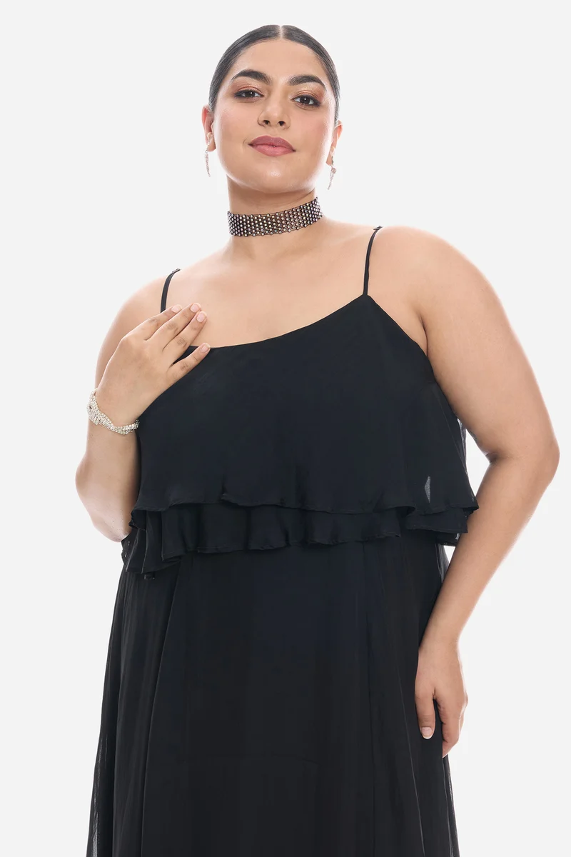 Vimis|Viscose Strappy Ruffle Flared Gown