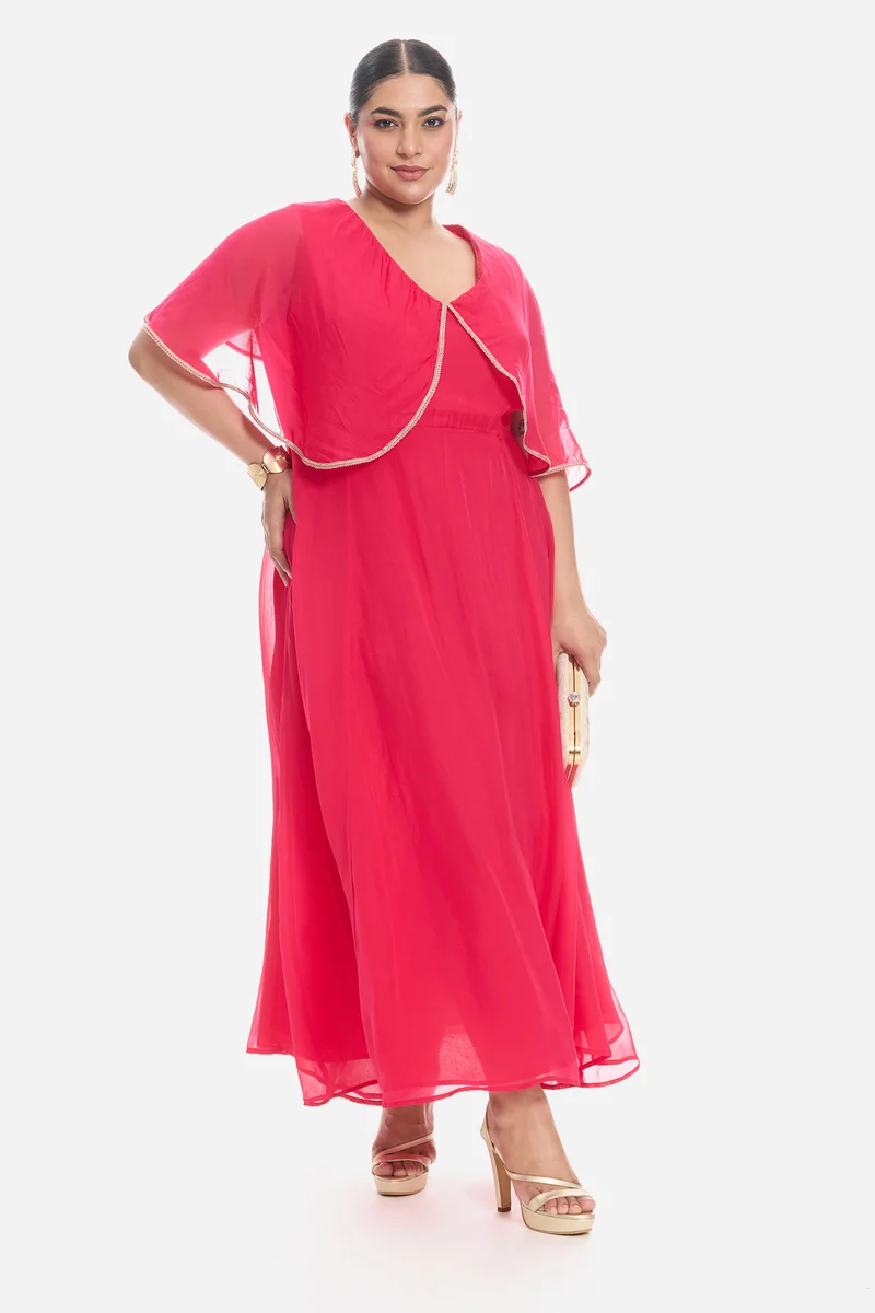 Virie|Viscose V Neck Laced Cape Dress