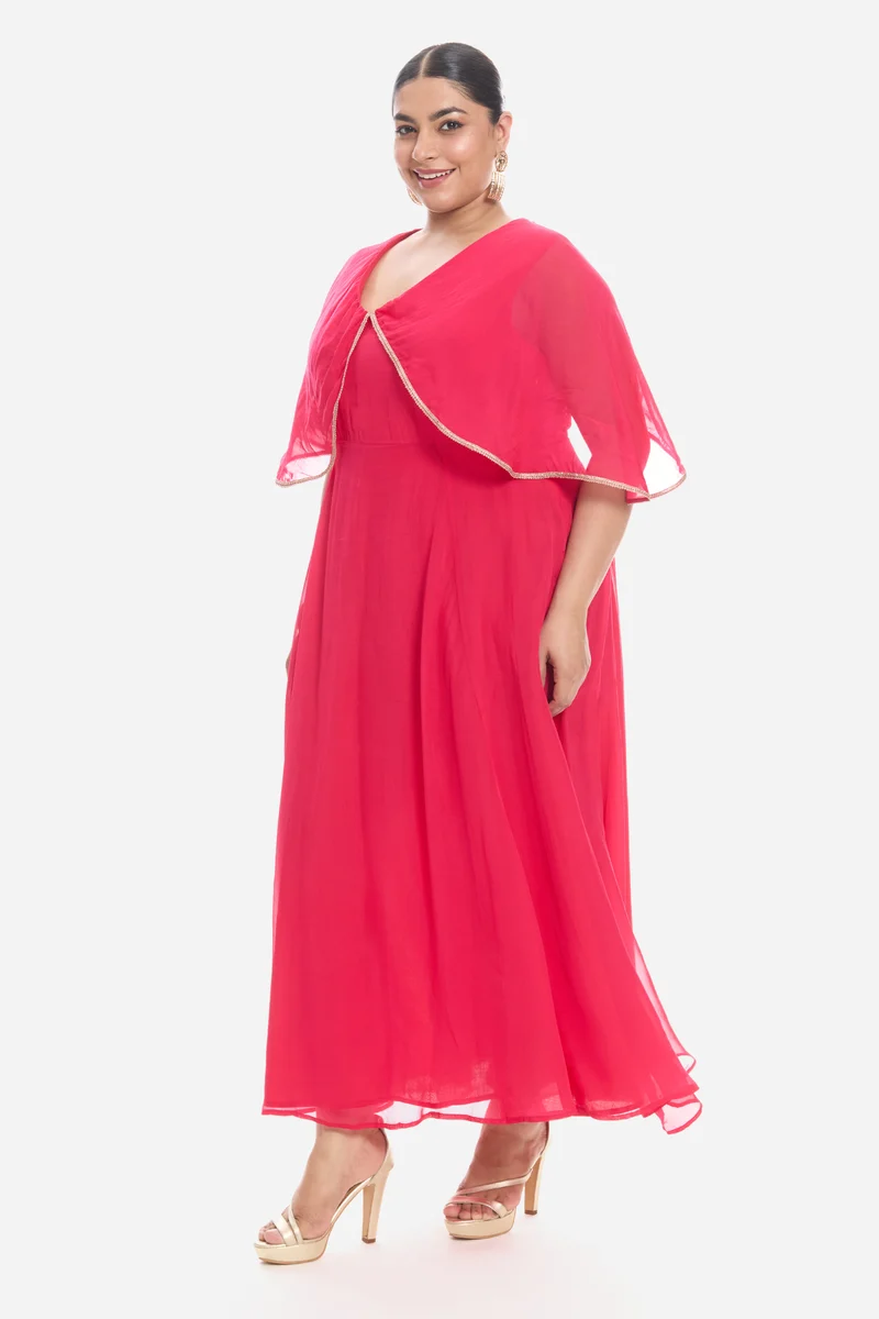 Virie|Viscose V Neck Laced Cape Dress