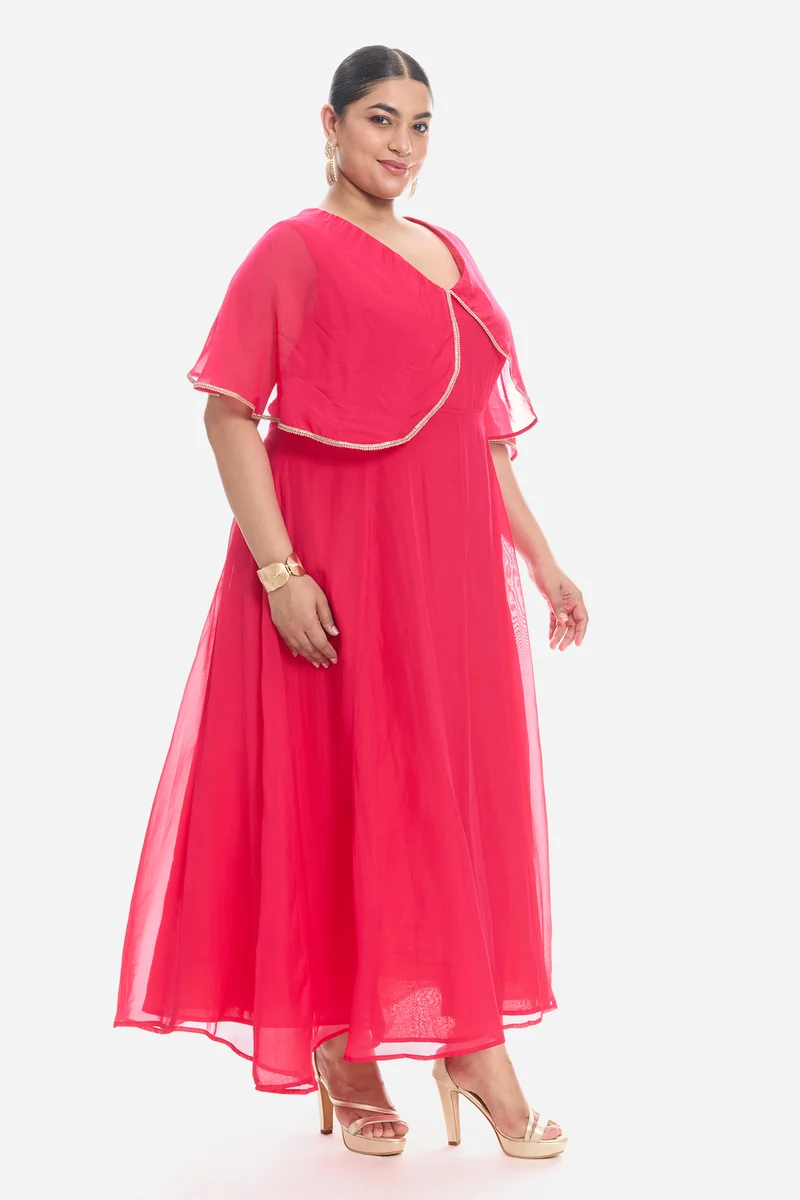 Virie|Viscose V Neck Laced Cape Dress