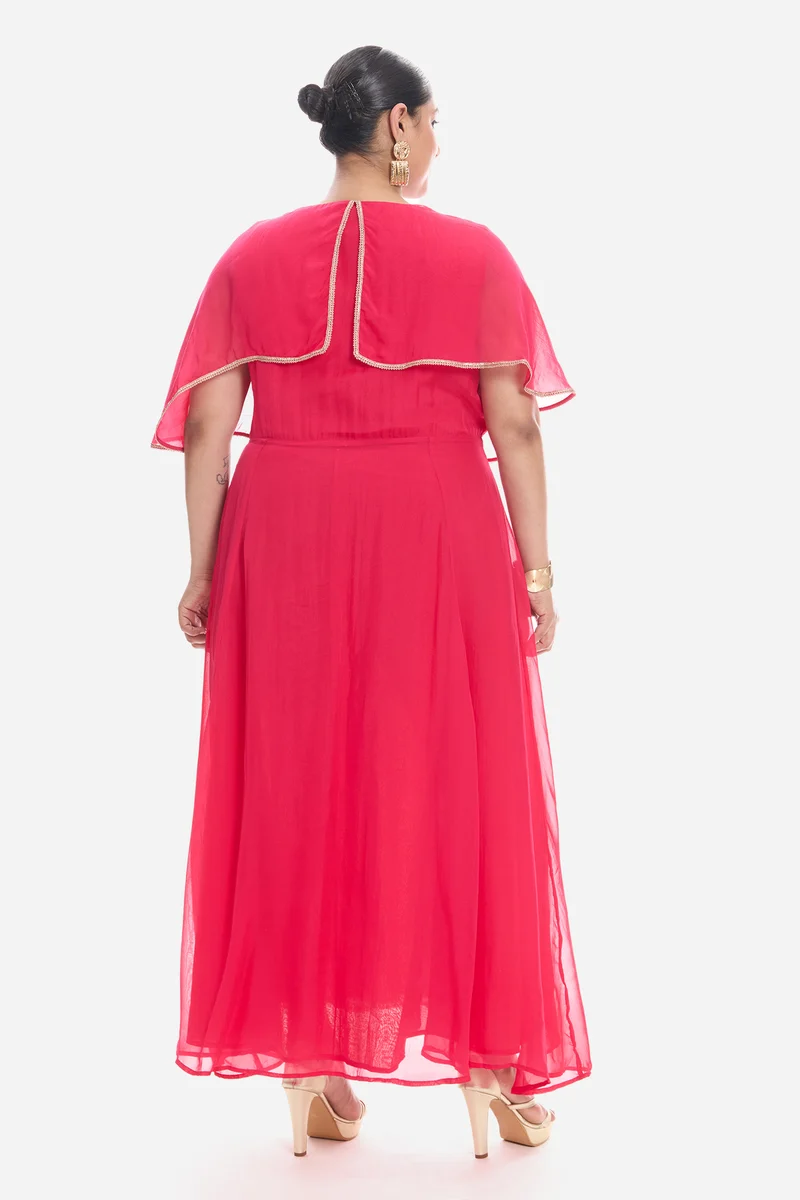 Virie|Viscose V Neck Laced Cape Dress
