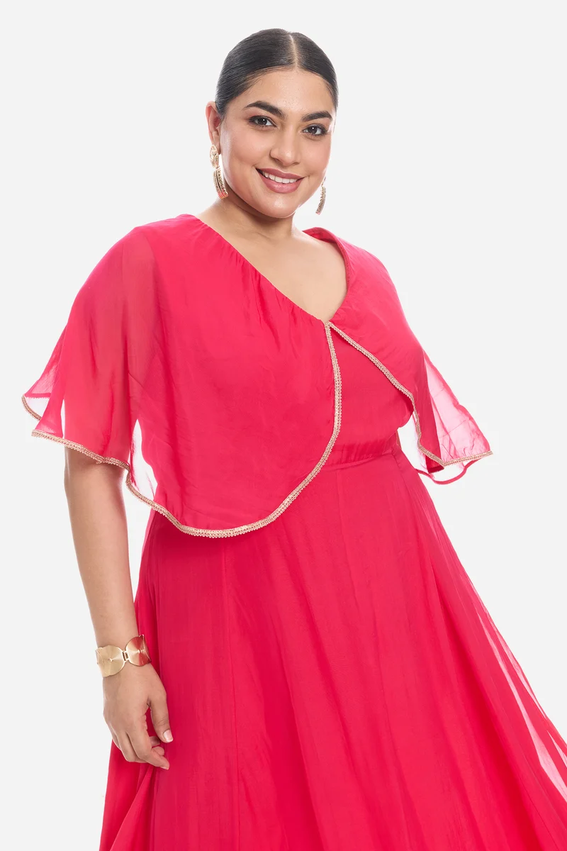 Virie|Viscose V Neck Laced Cape Dress