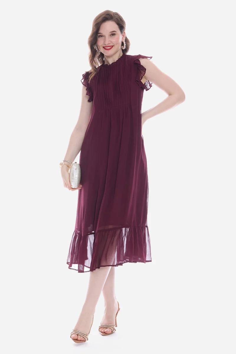 Rosah|100% Viscose Pintuck Midi Dress With Ruffles