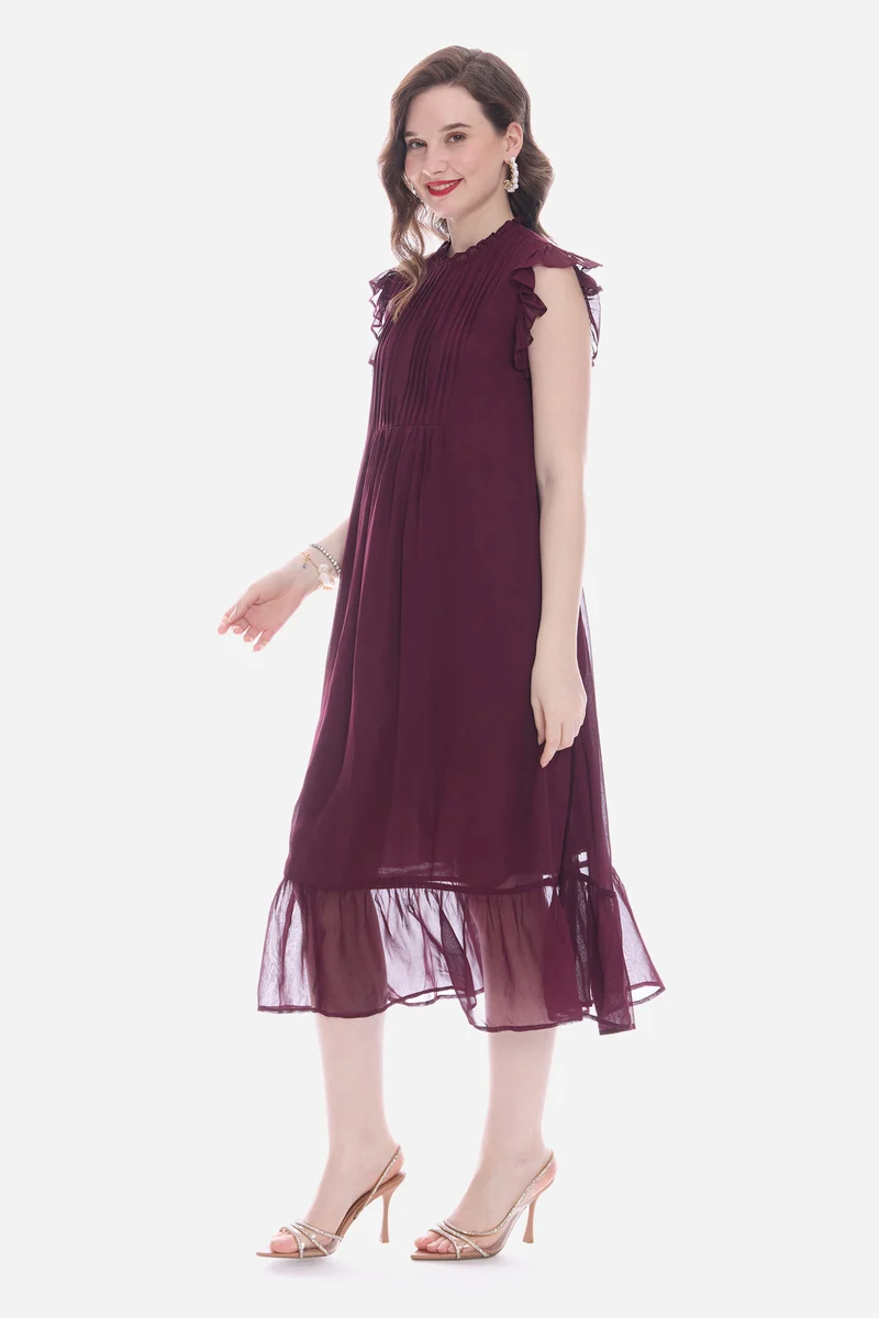 Rosah|100% Viscose Pintuck Midi Dress With Ruffles