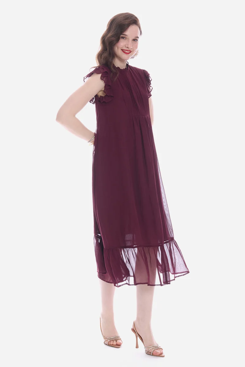 Rosah|100% Viscose Pintuck Midi Dress With Ruffles