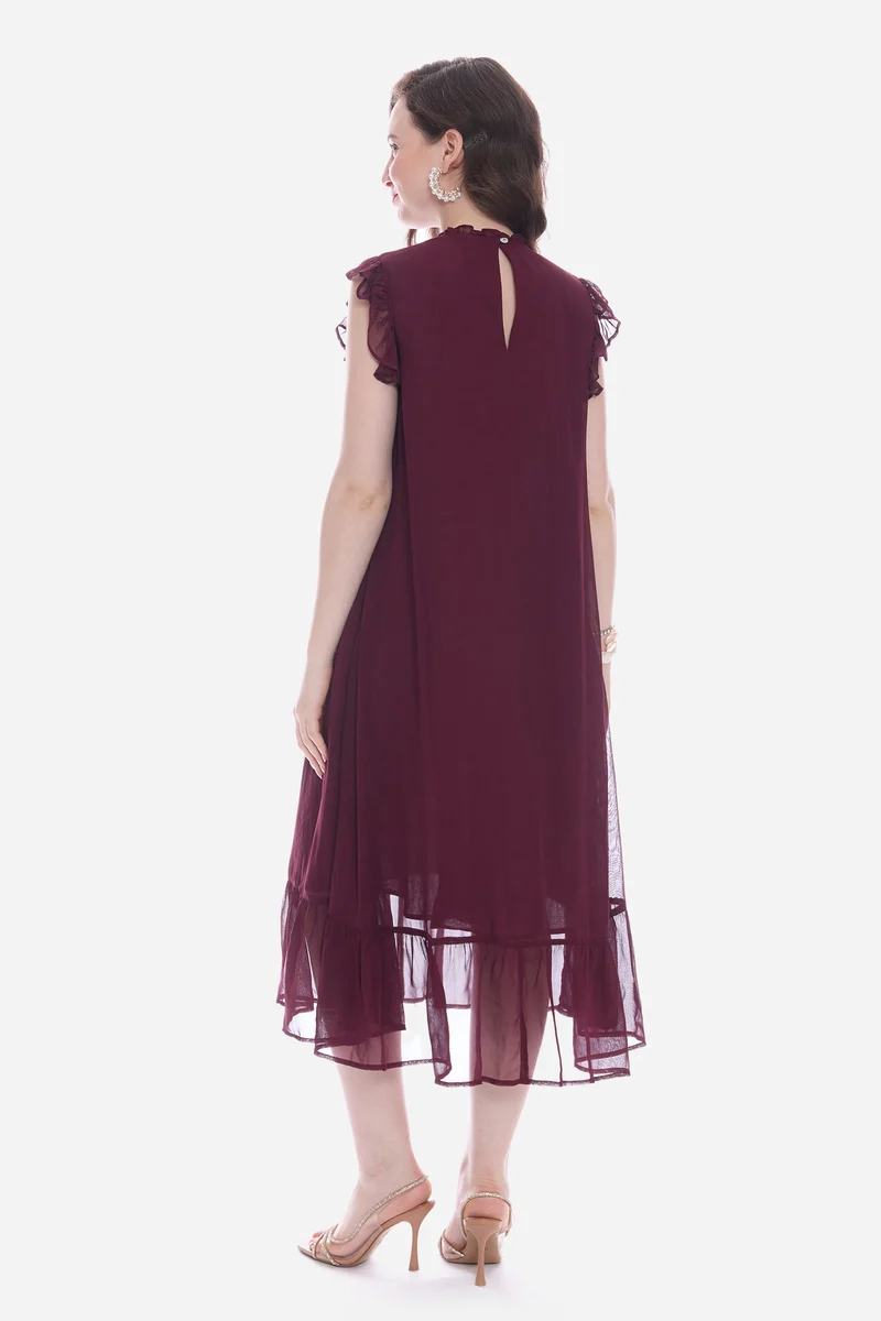Rosah|100% Viscose Pintuck Midi Dress With Ruffles
