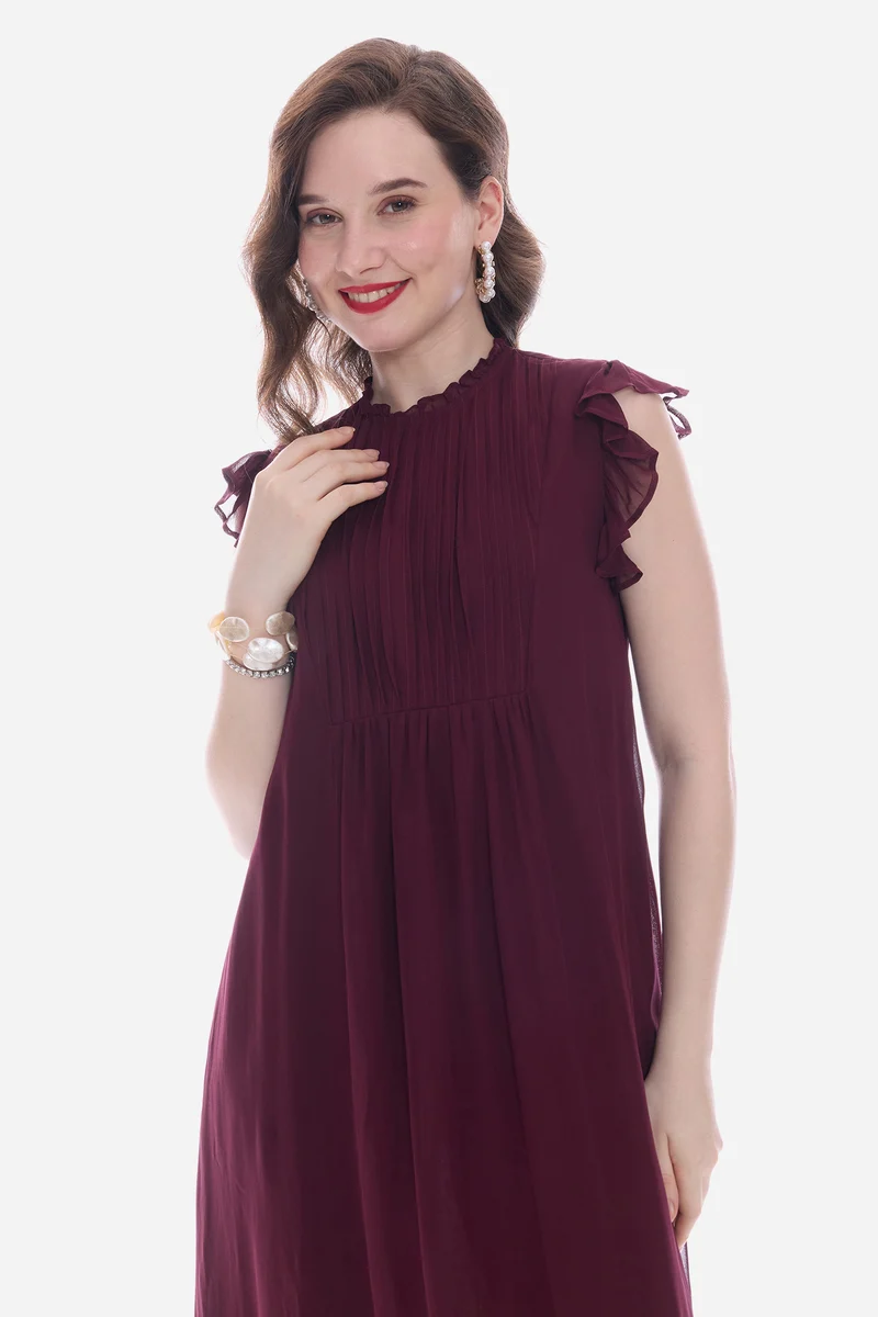 Rosah|100% Viscose Pintuck Midi Dress With Ruffles