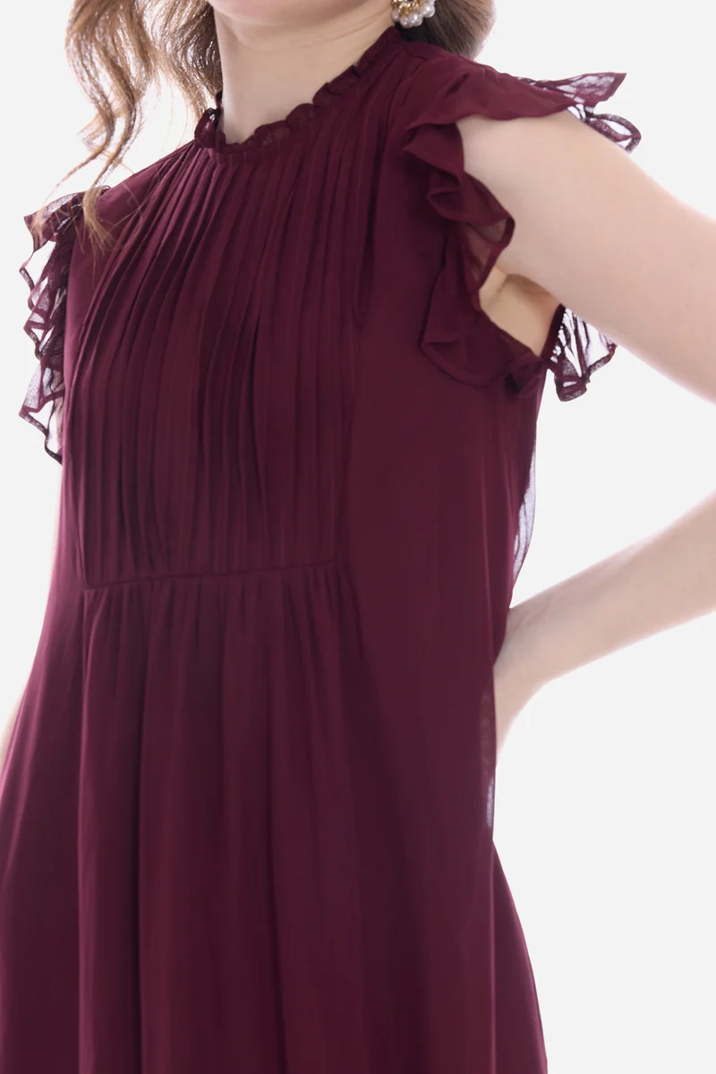 Rosah|100% Viscose Pintuck Midi Dress With Ruffles