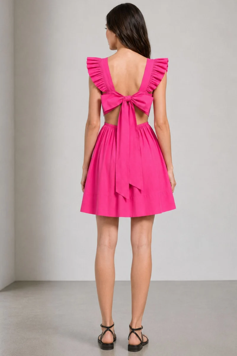 Olmia|100% Cotton Back Bow Tie-Up Peplum Dress