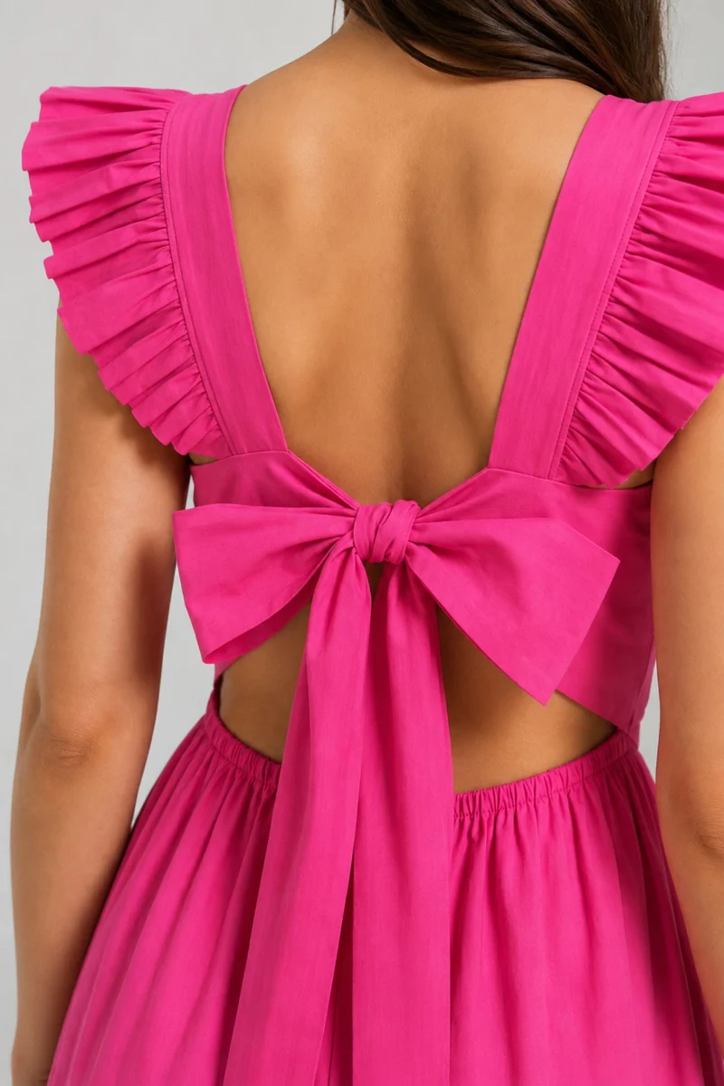 Olmia|100% Cotton Back Bow Tie-Up Peplum Dress