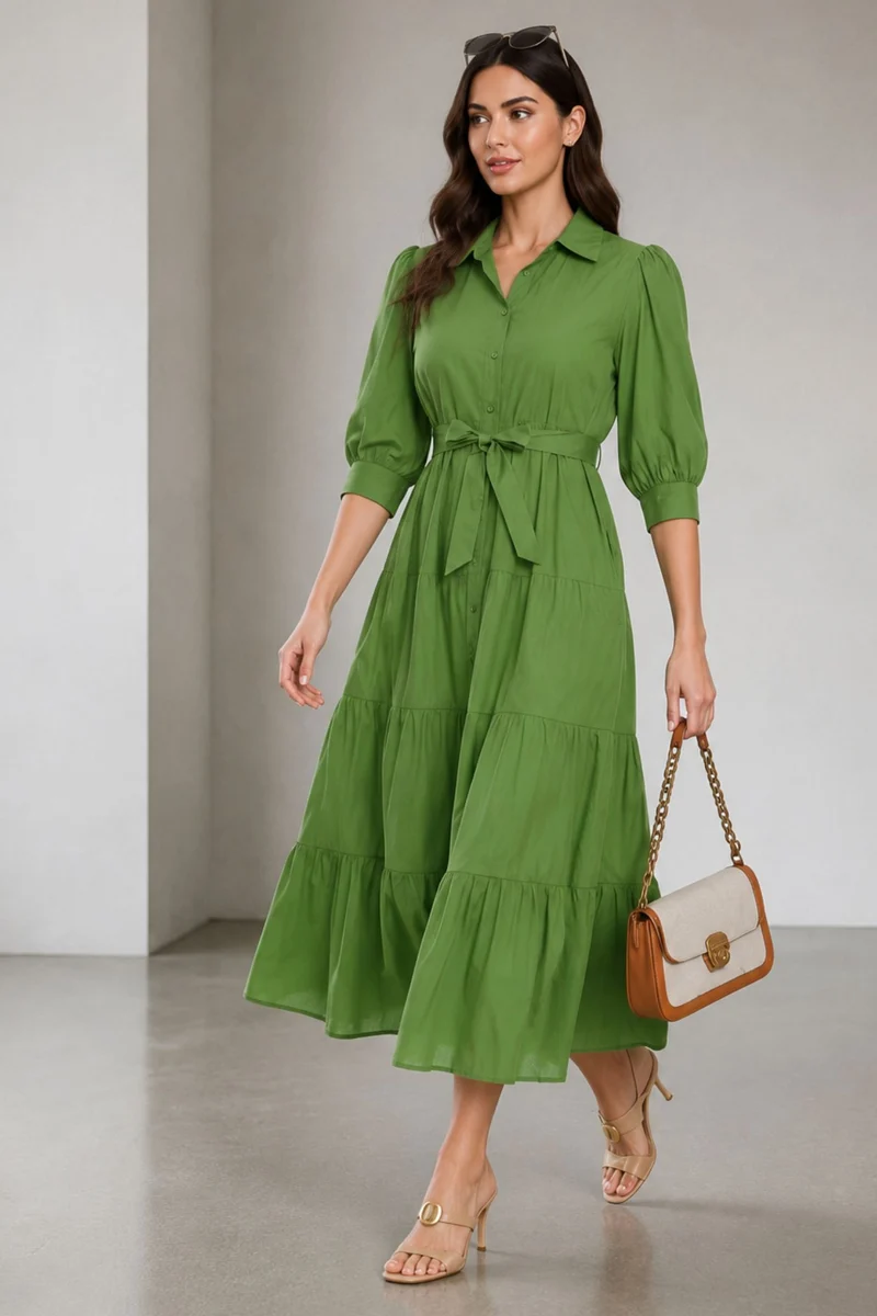 Oltel|100% Cotton Tiered Maxi Dress With Belt