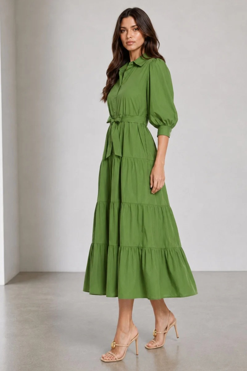 Oltel|100% Cotton Tiered Maxi Dress With Belt