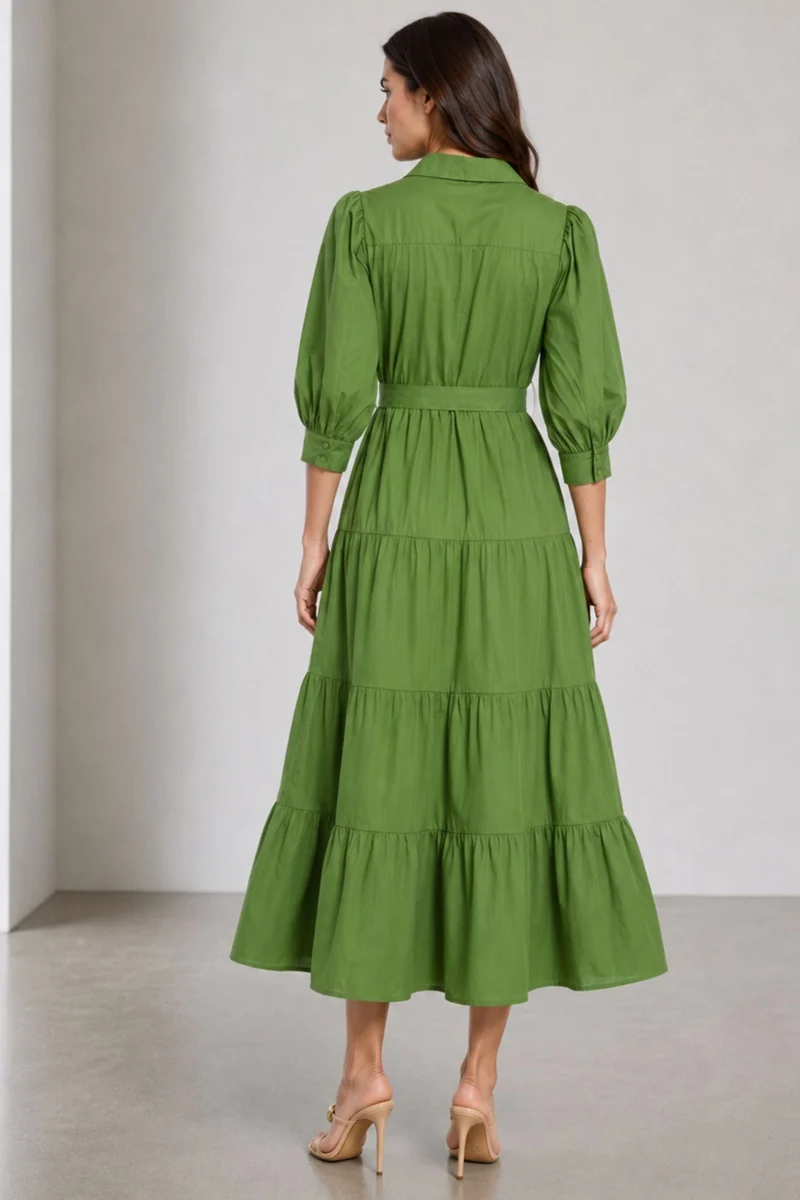 Oltel|100% Cotton Tiered Maxi Dress With Belt