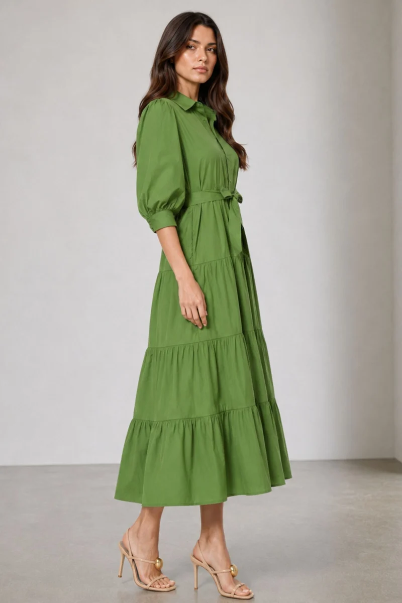Oltel|100% Cotton Tiered Maxi Dress With Belt