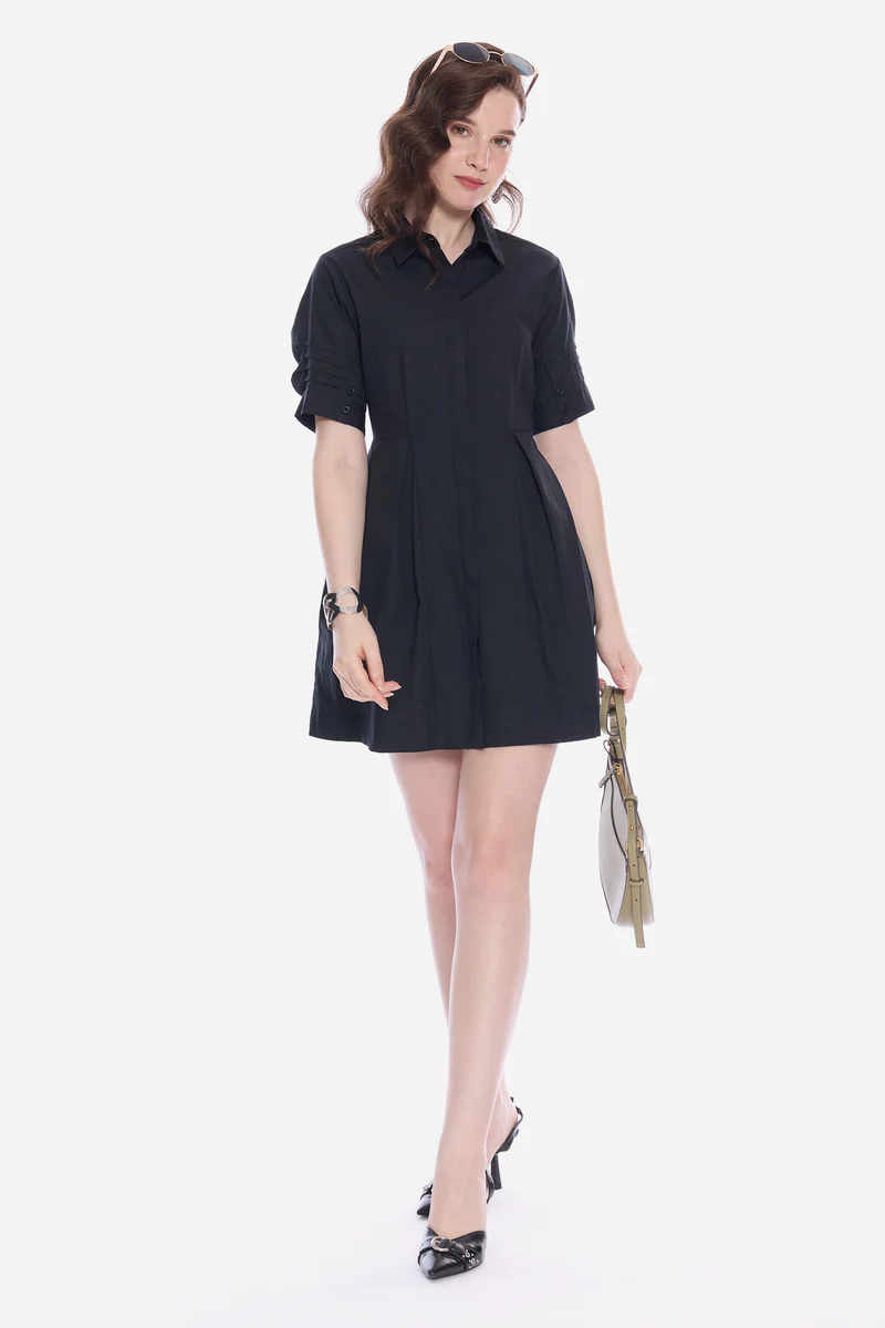 Mavel|100% Cotton Pleated Sleeves Shirt Dress
