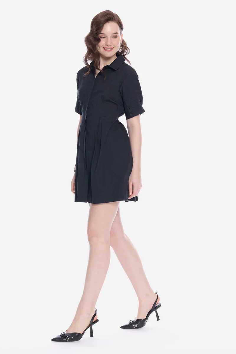 Mavel|100% Cotton Pleated Sleeves Shirt Dress