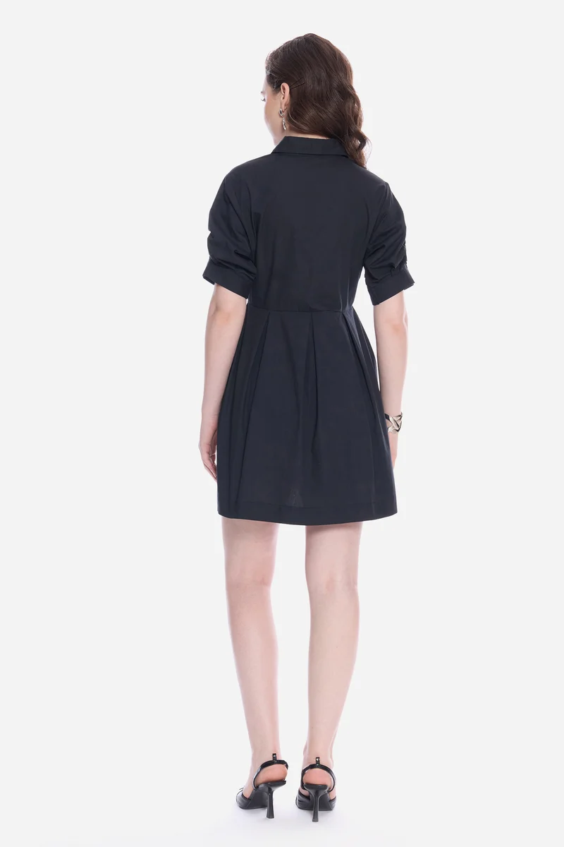Mavel|100% Cotton Pleated Sleeves Shirt Dress