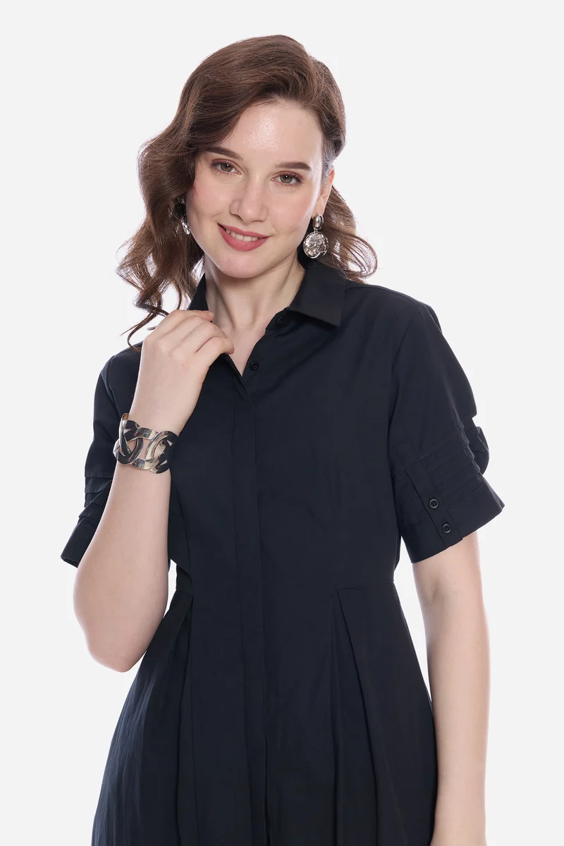 Mavel|100% Cotton Pleated Sleeves Shirt Dress