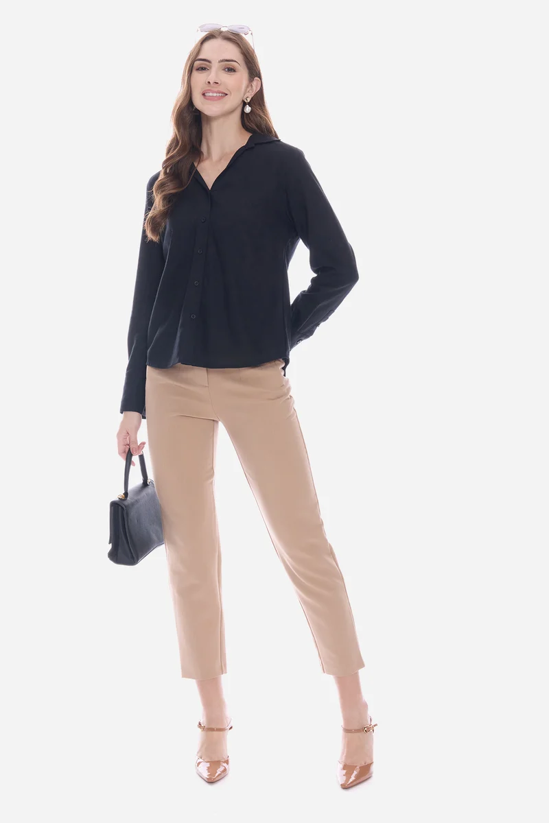 Natie|100% Viscose Relaxed V-Neck Collared Shirt