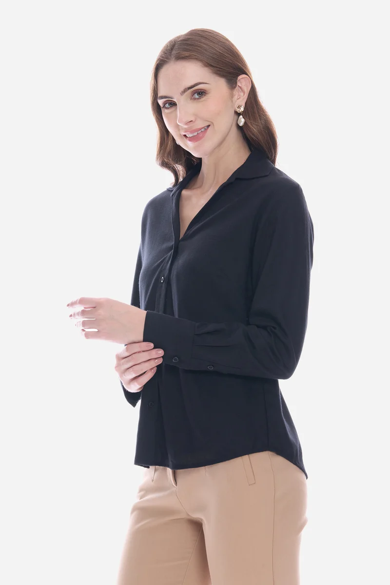 Natie|100% Viscose Relaxed V-Neck Collared Shirt