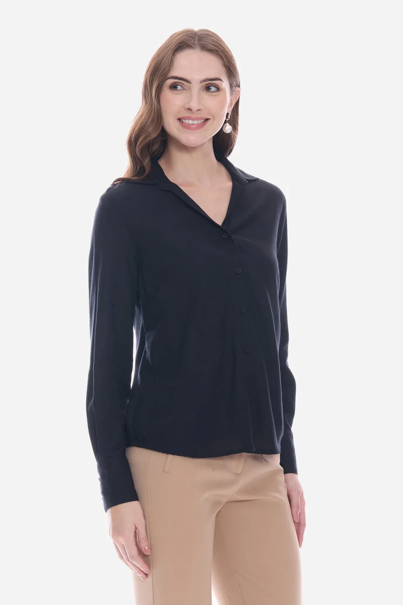 Natie|100% Viscose Relaxed V-Neck Collared Shirt