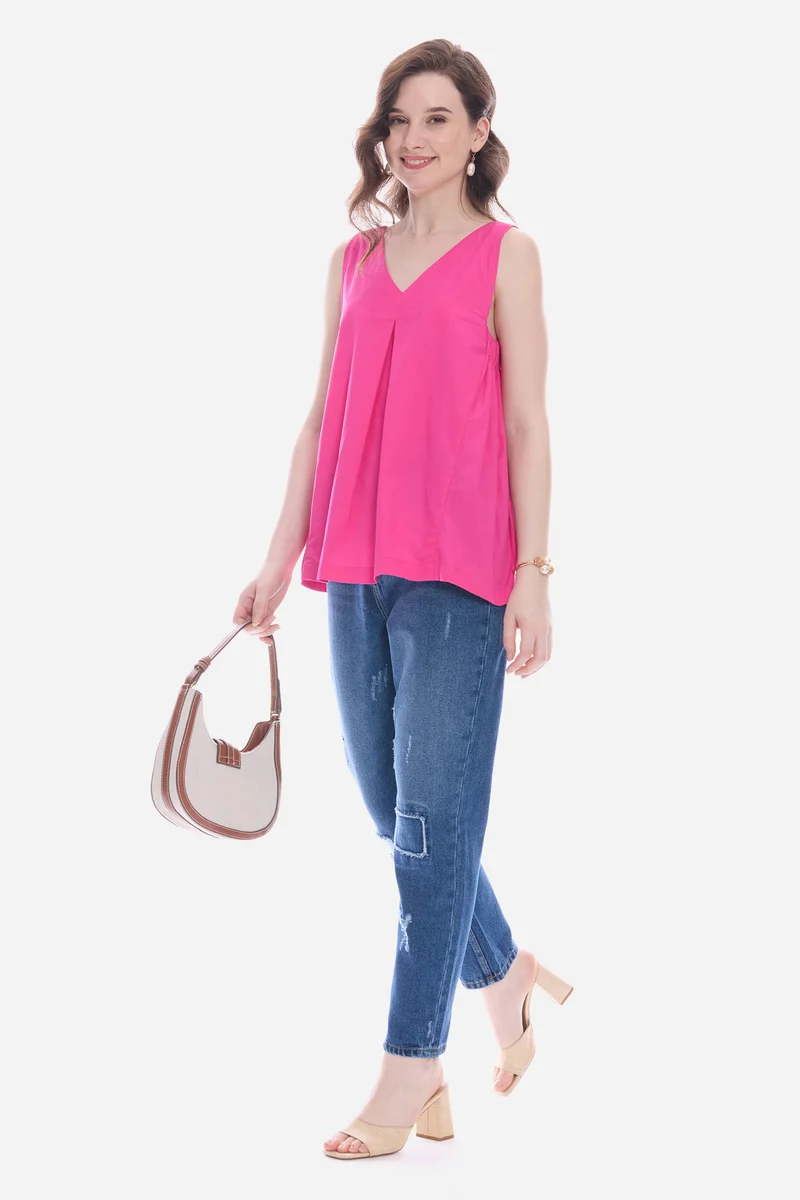 Naois|100% Cotton V-Neckline Flared Top