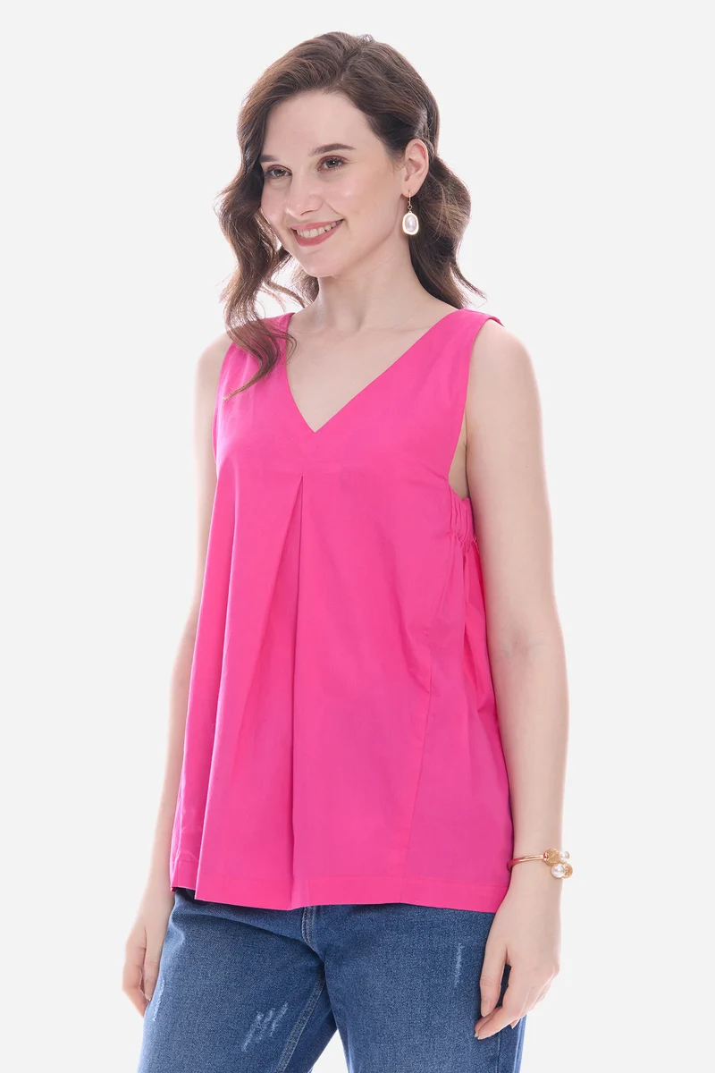 Naois|100% Cotton V-Neckline Flared Top
