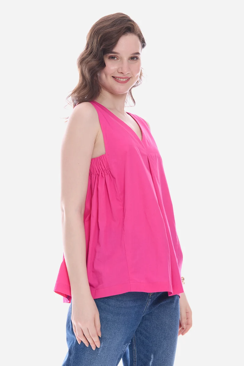 Naois|100% Cotton V-Neckline Flared Top